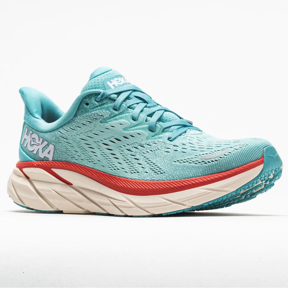 Hoka One One Clifton 8 Running Shoes Womens Size 9.5 B Teal Aquarelle Eggshell